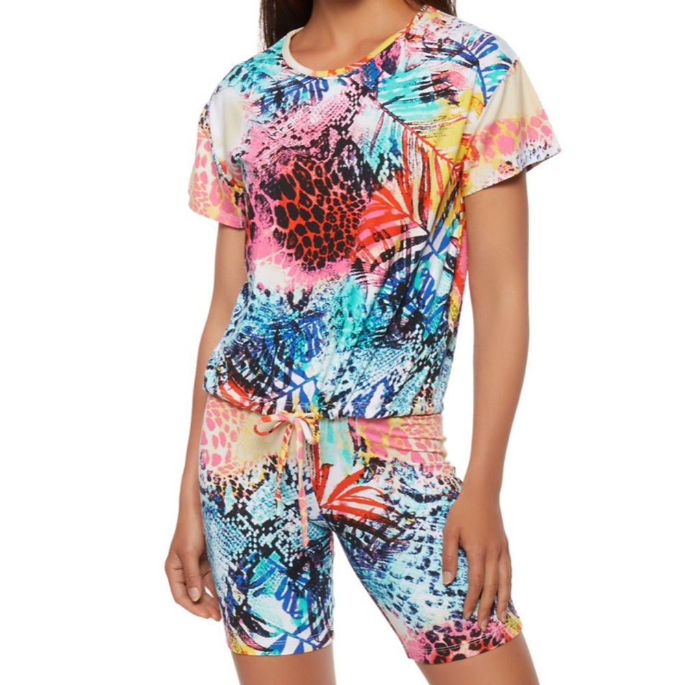 Printed Drawstring Tee and Bike Shorts Set